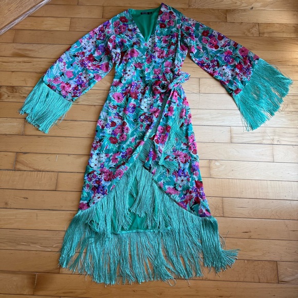 Nasty Gal Dresses & Skirts - Nasty Gal Teal Floral Wrap Midi Dress with Fringe Size US 6